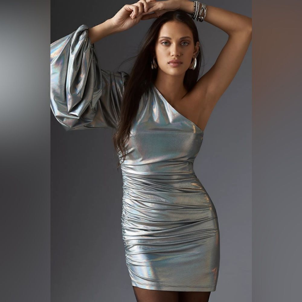 New Anthropologie Hutch One-Shoulder Shine Ruched Silver Mini Dress Size XS